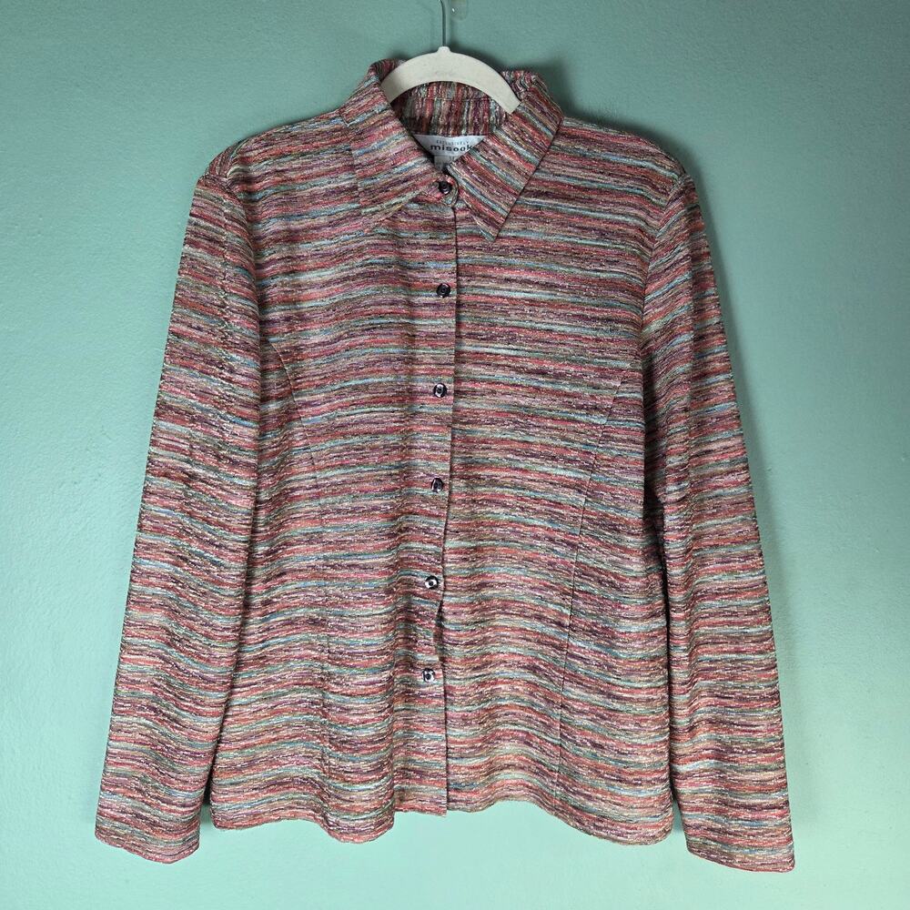 Exclusively Misook Womens Medium Multicolor Spacedyed Button Up Stretch Career